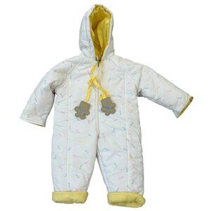 Infant Hooded Winter Snowsuit 6M Yellow & White Teddy Bear Accents Vintage